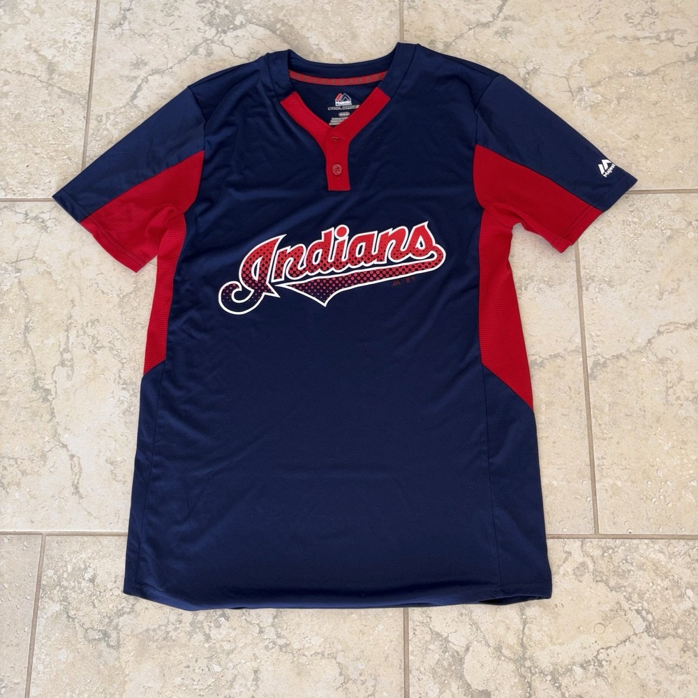 Majestic Cleveland Indians Navy Blue Red Cool Base Jersey Medium Blank Back MLB